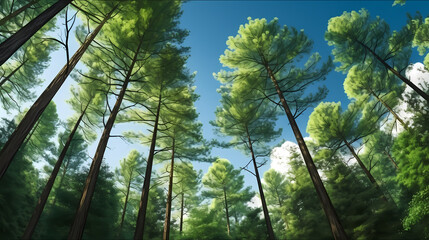 Obraz premium Looking up at the green forest, trees with green leaves, blue sky and sunshine