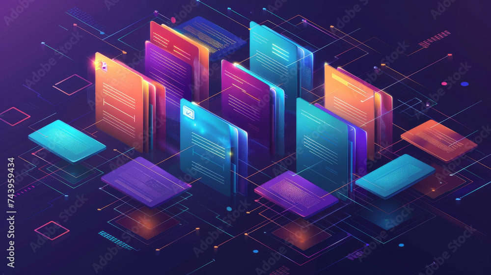 Poster abstract network grid with files and folders, futuristic software interface, digital document manage