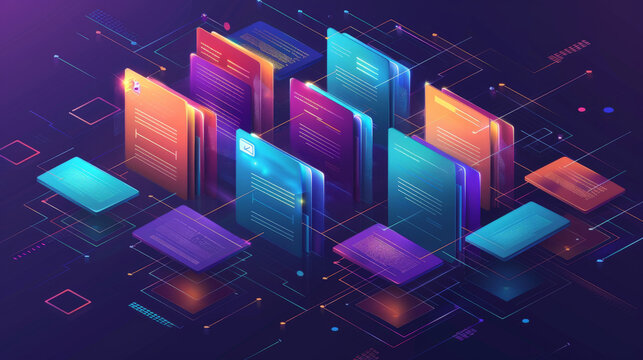 Abstract network grid with files and folders, futuristic software interface, digital document management system, store, search and organize documents, corporate business, paperless office