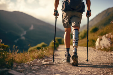man with a prosthetic leg hiking walking through tail nature route mountain and forest - Powered by Adobe