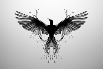 Fototapeta premium Nature, art, animals and graphic resources concept. Flying black bird with spread wings silhouette made of black water or liquid splashes on bright background with copy space
