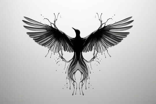 Nature, art, animals and graphic resources concept. Flying black bird with spread wings silhouette made of black water or liquid splashes on bright background with copy space