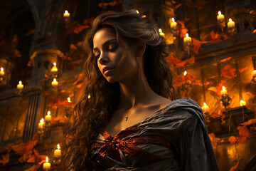 Fototapeta premium Beauty, fashion, fantasy and fine-art concept. Beautiful young woman with fancy dress portrait in dark temple full of burning candles