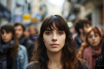 Portrait of a woman in the middle of a crowd at the city center