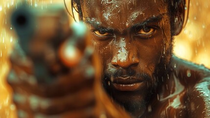 African American Contract murderer wallpaper concept. Man with gun close up portrait