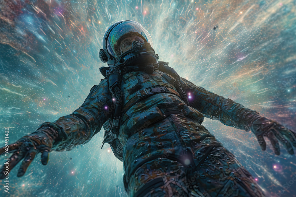 Poster astonaut soaring in astral space in magic trip with surreal sparkles and aura.