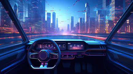 Furutistic car dashboard in the neon city.Synthwave or cyberpunk automobile control panel.