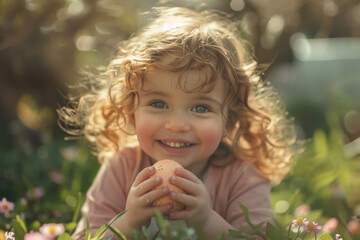 Joyful Child Holding an Easter Egg in Sunlit Garden