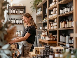 A small boutique store with the owner arranging products on shelves