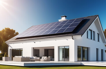 Modern house with solar panels installed on the roof. 3d rendering