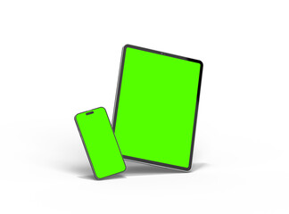 3d render of smartphone and tablet with a green screen on a transparent background