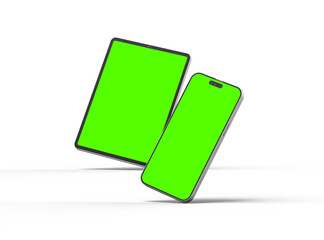 3d render of smartphone and tablet with a green screen on a transparent background