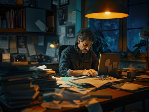 A small business owner working late at night in their home office, surrounded by paperwork and a laptop