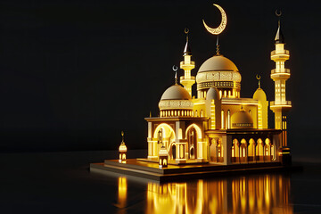 Fototapeta na wymiar 3d yellow ramadan mosque with crescent moon on a black background. ramadan kareem holiday celebration concept