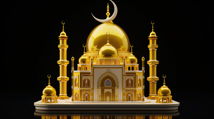 Obraz premium 3d yellow ramadan mosque with crescent moon on a black background. ramadan kareem holiday celebration concept
