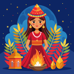 Holika Dahana holi festival fire with illustration