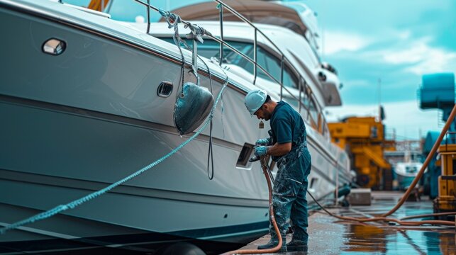 Repairing boat body by puttying close up work after the accident by working sanding primer before painting. The mechanic repair the boat.
