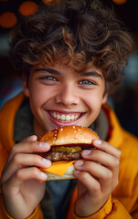 A happy beautiful teen boy eats a cheese Burger