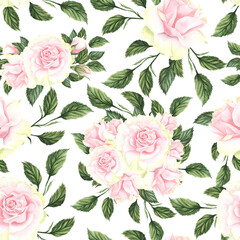 Seamless pattern with pink flowers and leaves on white background, watercolor floral pattern, flower rose in pastel color, suitable for wallpaper, card or fabric