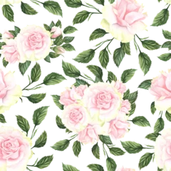 Foto auf Alu-Dibond Seamless pattern with pink flowers and leaves on white background, watercolor floral pattern, flower rose in pastel color, suitable for wallpaper, card or fabric © Elena
