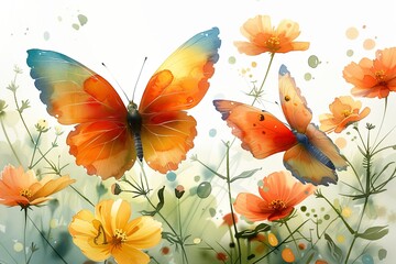 Seamless watercolor flower rainbow design. Rainbows, butterflies, and adorable, vibrant spring flowers