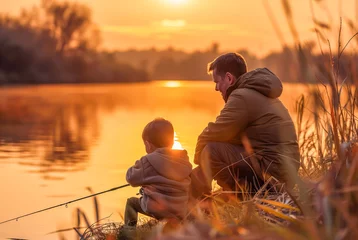 Fotobehang Father teaching his son to fish on a riverbank  © João Macedo