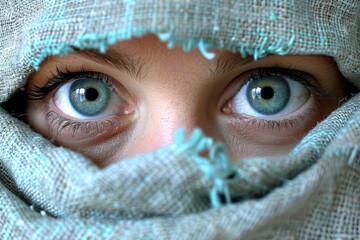  Closeup to surprised blu eyes in colored burka - obrazy, fototapety, plakaty