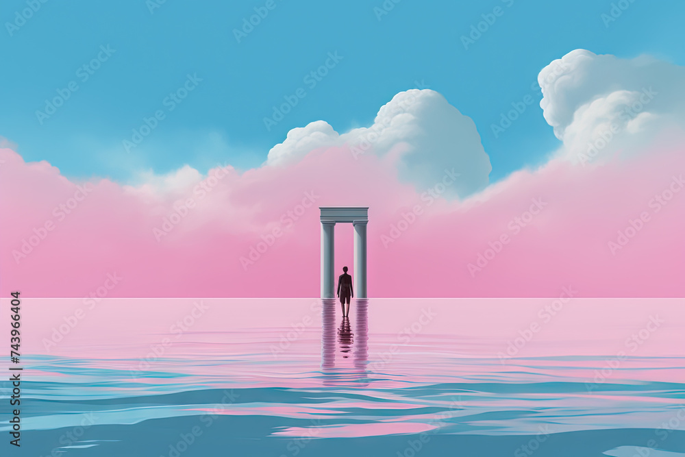 Poster surreal vaporwave landscape with abstract architecture elements on the water. dreamy landscape.
