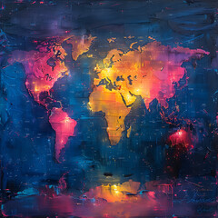 An abstract representation of the world map pulsating with vibrant hues, reflecting the interconnectedness of nations in the digital age