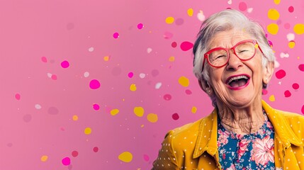 An elderly woman chuckling with a vibrant pink background