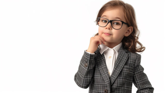 Child wearing secretary costume. Kid learning various career concept on white background, copy space