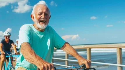 Photo sur Plexiglas Descente vers la plage Elderly man chuckling while enjoying a bike ride with his friends along the beach boardwalk