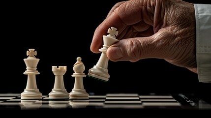 Businessman hand moving Chess King figure and Checkmate opponent during a chessboard competition. Strategy, Success, management, business planning, disruption and leadership concept