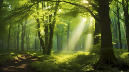 Naklejka premium Green leaves and sky, clear blue sky and green trees seen from below