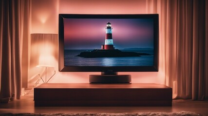 tv in a modern living room  ,  highly intricately detailed photograph of Poolbeg Lighthouse  inside a plasma tv  at sunset 