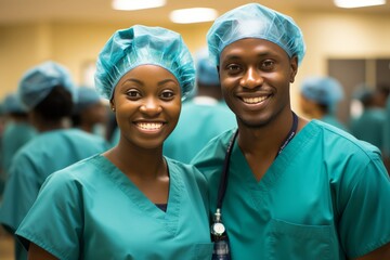 Portrait of smiling african woman surgeon and african american male surgeon in hospital - Powered by Adobe