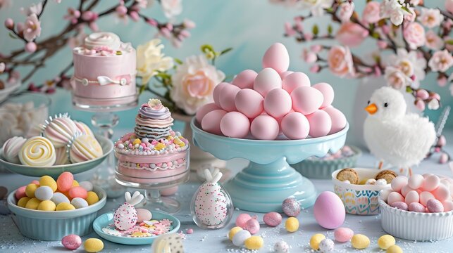 An enchanting Easter display featuring pink eggs, a plush chick, and a variety of sweets, set against a backdrop of spring blossoms.