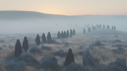 Silhouetted figures traverse a misty field at sunrise, creating a mystical atmosphere.
