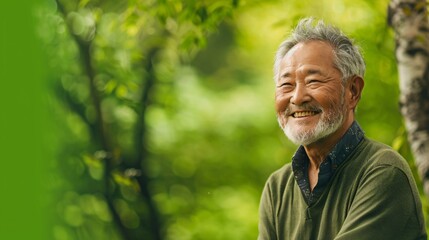 A serene senior man in a serene park surrounded by lush greenery in spring