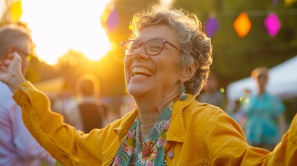 Senior woman laughing as she dances to her favorite music at a lively outdoor concert