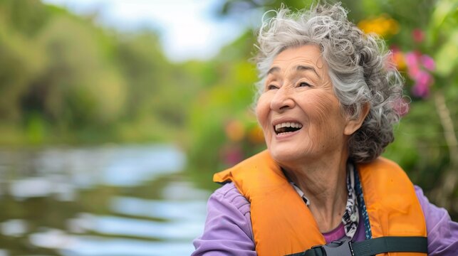 A joyful senior woman chuckling while enjoying a relaxing paddleboat ride on a serene lake