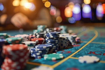 Fichas de póker en mesa de casino - obrazy, fototapety, plakaty