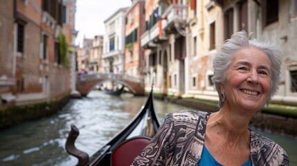Woman chuckling while enjoying a scenic gondola ride through the picturesque canals of a charming Venetian cityscape - obrazy, fototapety, plakaty