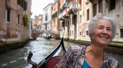 Foto op Plexiglas Woman chuckling while enjoying a scenic gondola ride through the picturesque canals of a charming Venetian cityscape © Maelgoa