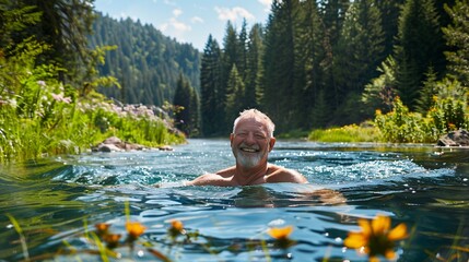 A happy senior man laughing heartily as he indulges in a refreshing swim in the sparkling waters of a crystal-clear lake 