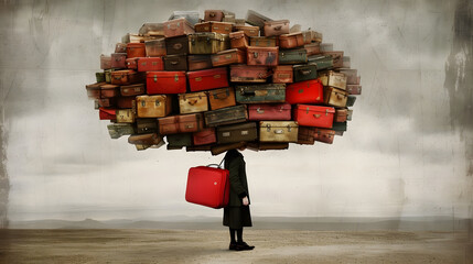 A conceptual image of a person carrying a suitcase, overshadowed by a heavy cloud of various suitcases, symbolizing burden.
