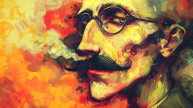 A vividly colored artistic portrait of Mahatma Gandhi, capturing the essence of his peaceful and revolutionary spirit.
