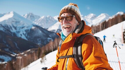 A cheerful senior man laughs as he attempts to ski down a gentle slope in the mountains
