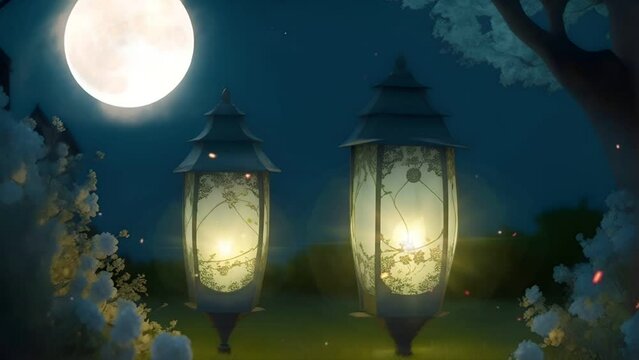 Two radiant lanterns illuminating the night under the full moon's glow form a magical scene in a seamless looping time-lapse animation video background by AI.