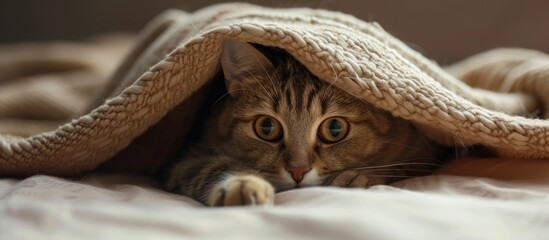 A frightened cat seeks safety from the unknown by hiding underneath a blanket on a bed. - obrazy, fototapety, plakaty